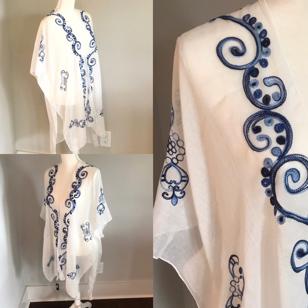 White with Blue Embroidery Kimono Cover Up Boho - Picture 5 of 7